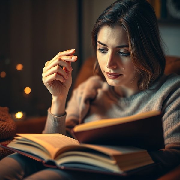 Una persona che si commuove leggendo una storia