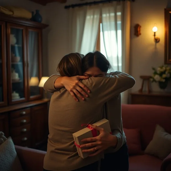 Eine Person, die von der unerwarteten Geste eines Freundes oder Familienmitglieds berührt ist und Dankbarkeit und tiefe Emotionen ausdrückt.