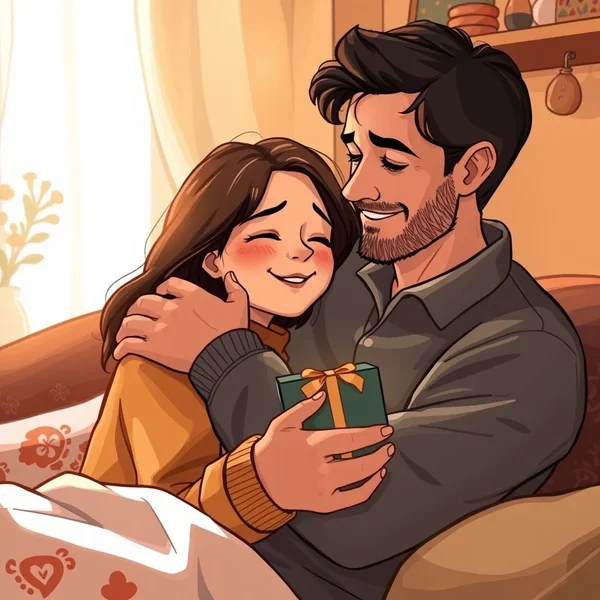 Une personne commossa dal gesto inattendu d’un ami ou d’un membre de la famille, exprimant gratitude et émotion profonde.