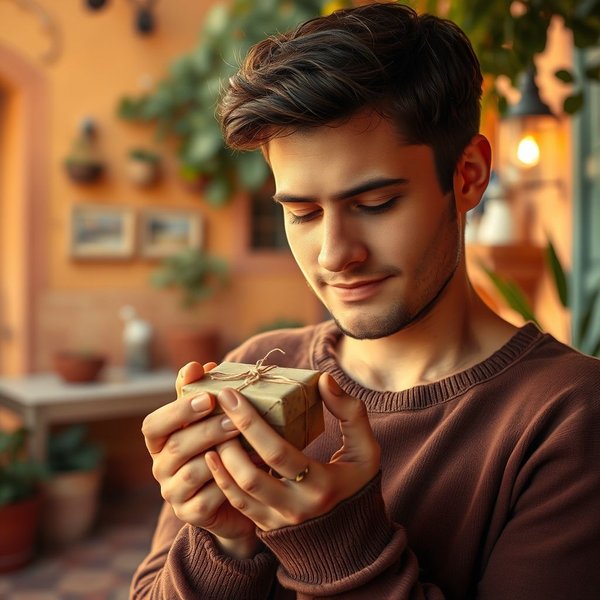 Een persoon commosso dal gesto door het onverwachte gebaar van een vriend of familielid, die dankbaarheid en diepe emotie uitdrukt.