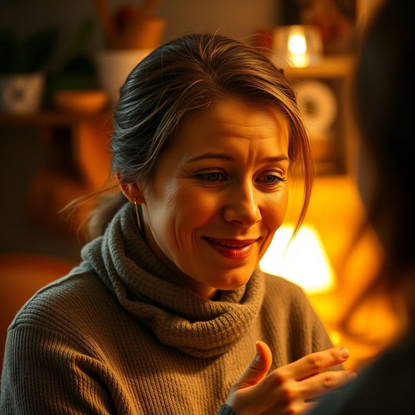 A person commosso dal gesto from the unexpected action of a friend or family member, expressing gratitude and deep emotion.