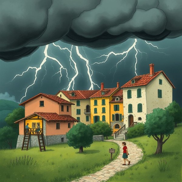 Illustration of the proverb Tra il dire e il fare c'è di mezzo il temporale
