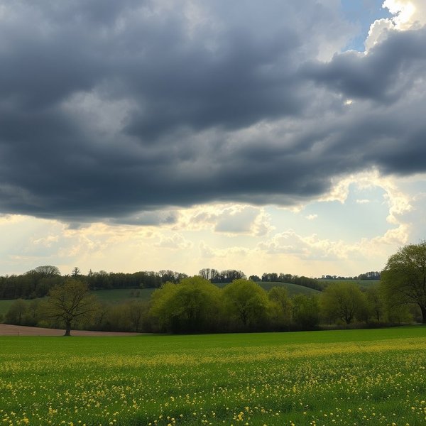 Obrazek: Słoneczny dzień w maju, który staje się pochmurny, symbolizujący przysłowie Caldo di maggio dura poco e fa danno