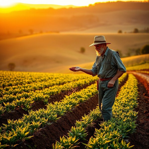 Image of a farmer sowing seeds in a field, with the sun setting, symbolizing future harvest and the idiom Seminare bene per raccogliere meglio