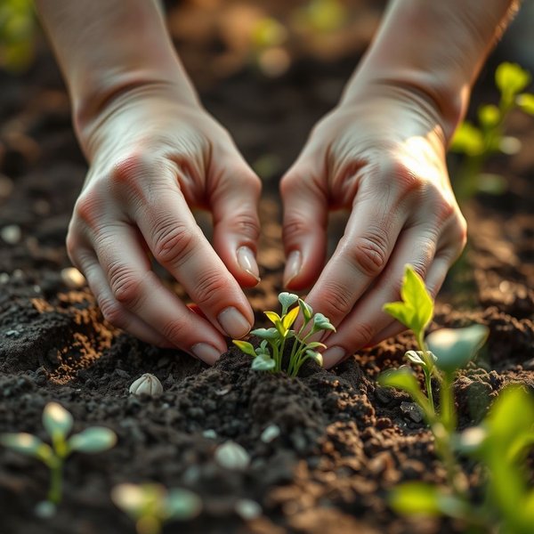 Image of a farmer sowing seeds in a field, with the sun setting, symbolizing future harvest and the idiom Seminare bene per raccogliere meglio