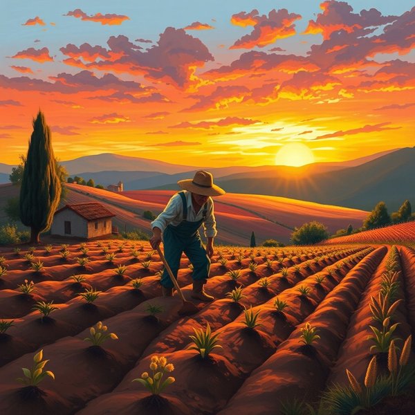 Image of a farmer sowing seeds in a field, with the sun setting, symbolizing future harvest and the idiom Seminare bene per raccogliere meglio
