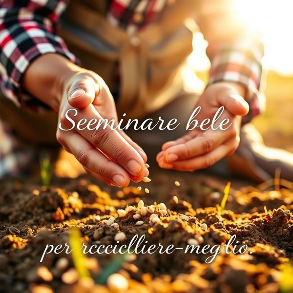 Image of a farmer sowing seeds in a field, with the sun setting, symbolizing future harvest and the idiom Seminare bene per raccogliere meglio