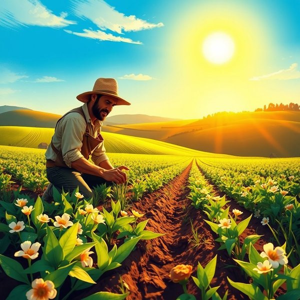 Image of a farmer sowing seeds in a field, with the sun setting, symbolizing future harvest and the idiom Seminare bene per raccogliere meglio