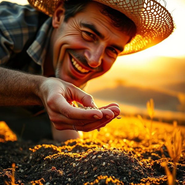 Image of a farmer sowing seeds in a field, with the sun setting, symbolizing future harvest and the idiom Seminare bene per raccogliere meglio